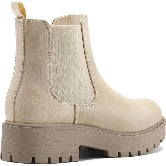 Women's Beige Chelsea Low Chunky Heel Slip On Lug Sole Elastic Ankle Booties - Picture 4 of 7
